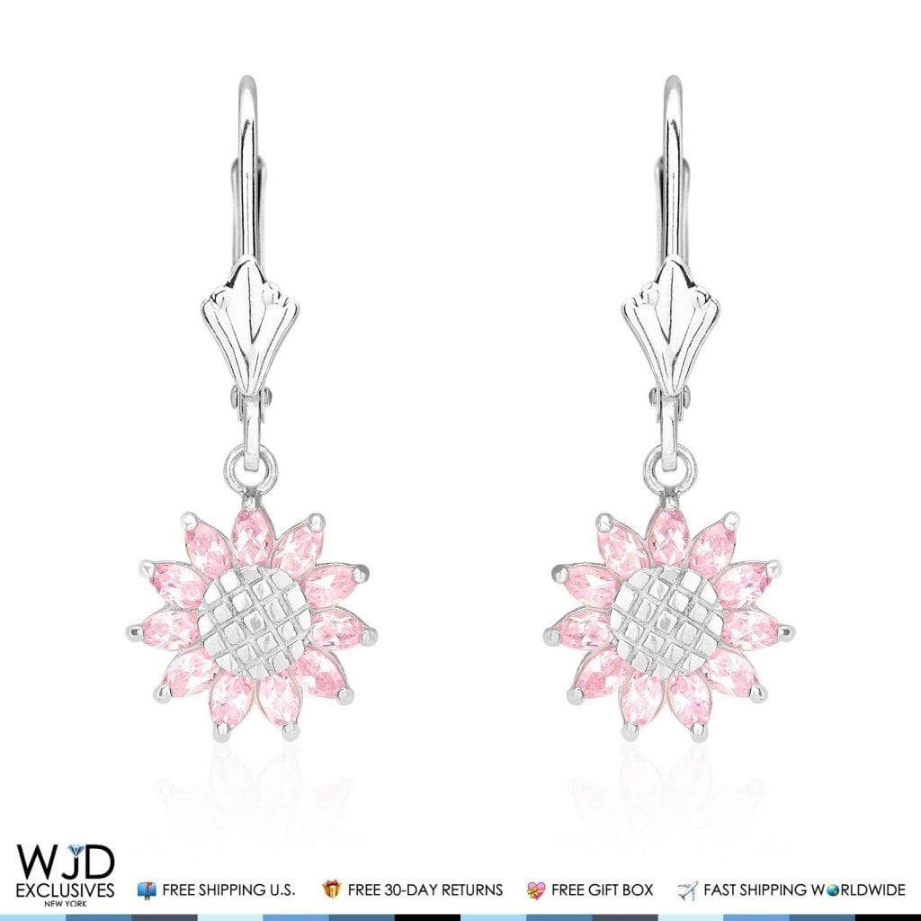 Pink Tourmaline Sunflower Shaped Dangle Leverback Earrings 14K Solid White Gold