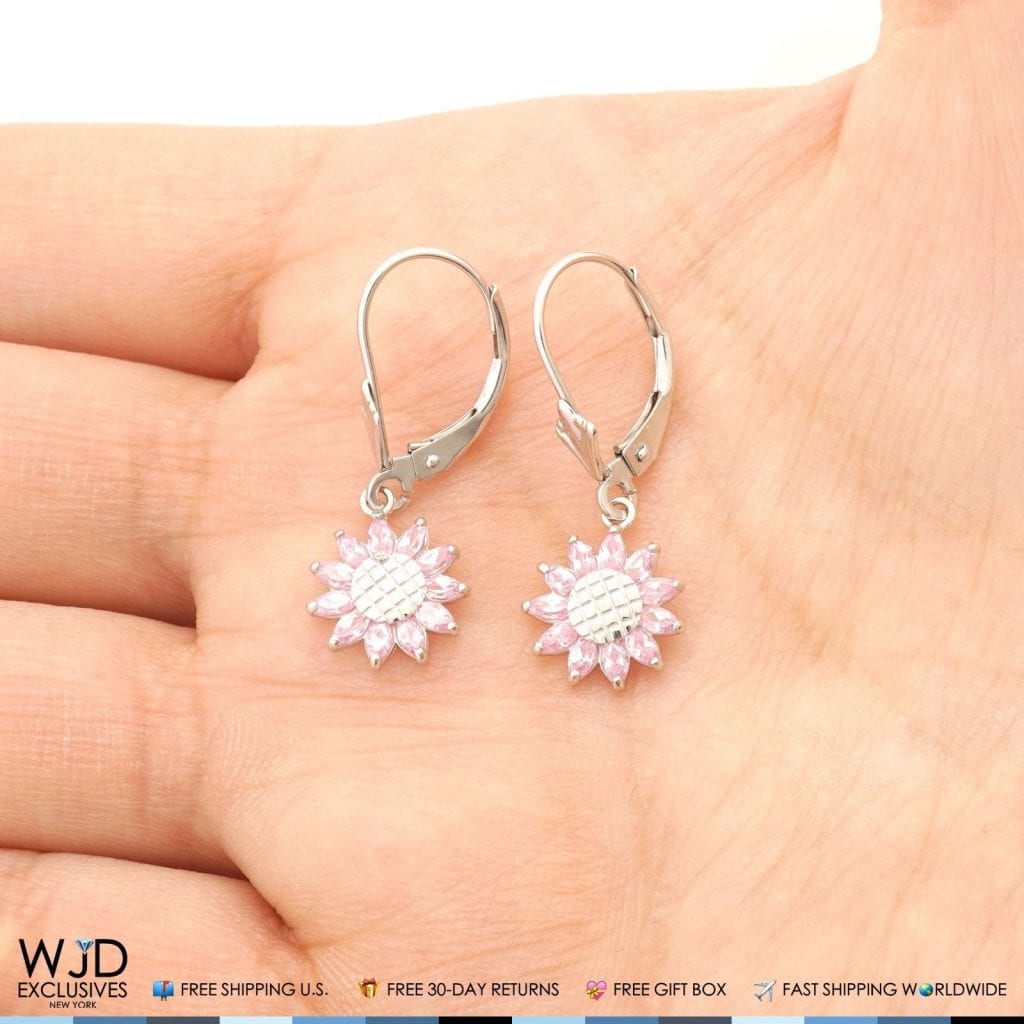Pink Tourmaline Sunflower Shaped Dangle Leverback Earrings 14K Solid White Gold