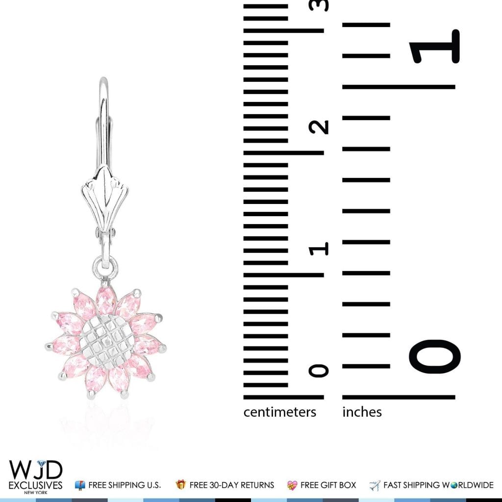 Pink Tourmaline Sunflower Shaped Dangle Leverback Earrings 14K Solid White Gold