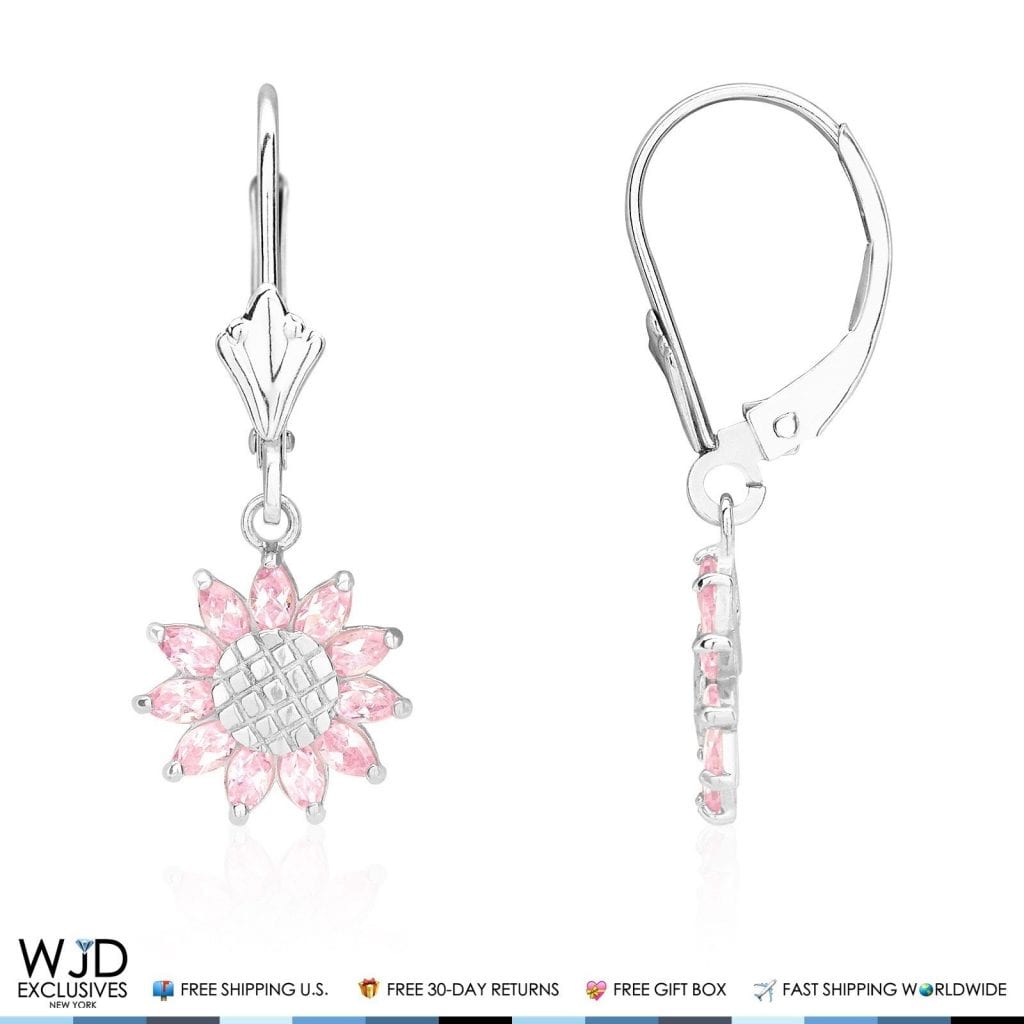 Pink Tourmaline Sunflower Shaped Dangle Leverback Earrings 14K Solid White Gold