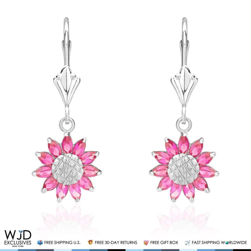 Simulated Ruby Sunflower Dangle Leverback Earrings 14K Solid White Gold