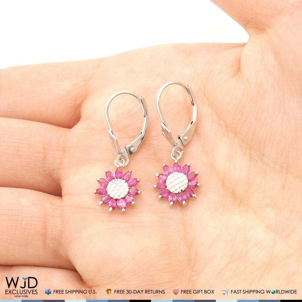 Simulated Ruby Sunflower Dangle Leverback Earrings 14K Solid White Gold