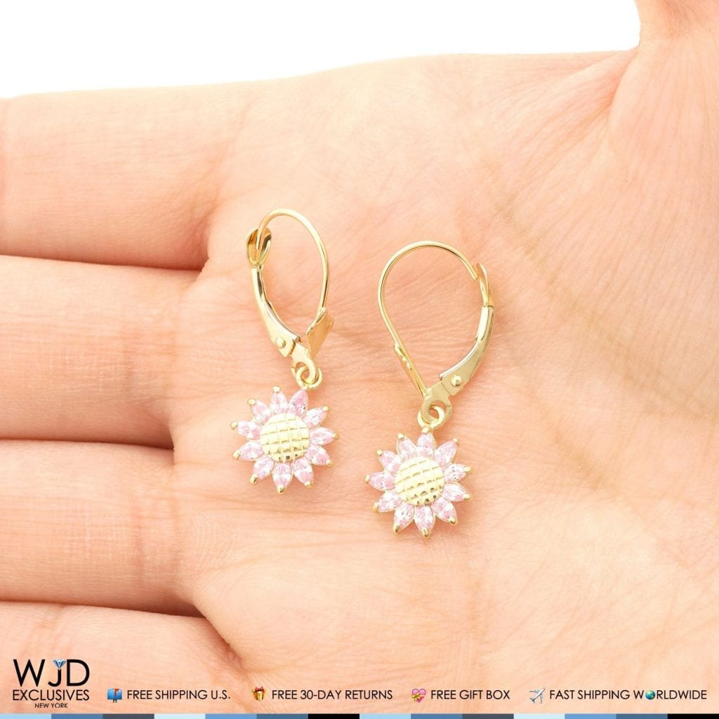 Pink Tourmaline Sunflower Shaped Dangle Leverback Earrings 14K Solid Yellow Gold