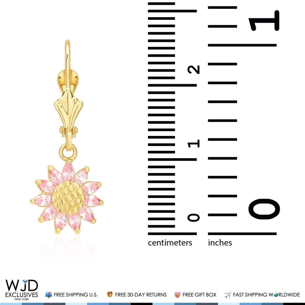 Pink Tourmaline Sunflower Shaped Dangle Leverback Earrings 14K Solid Yellow Gold