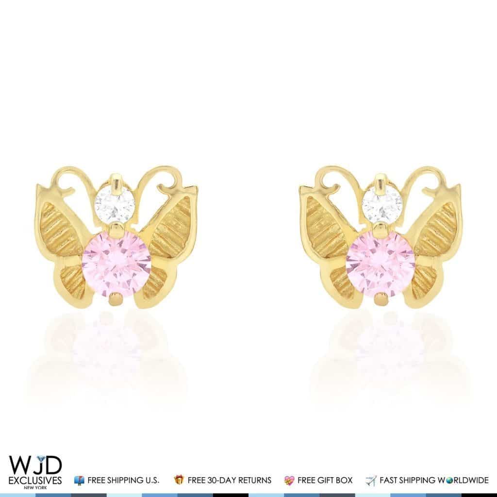 14K Yellow Gold Simulated Birthstone Butterfly Screw Back Stud Earrings
