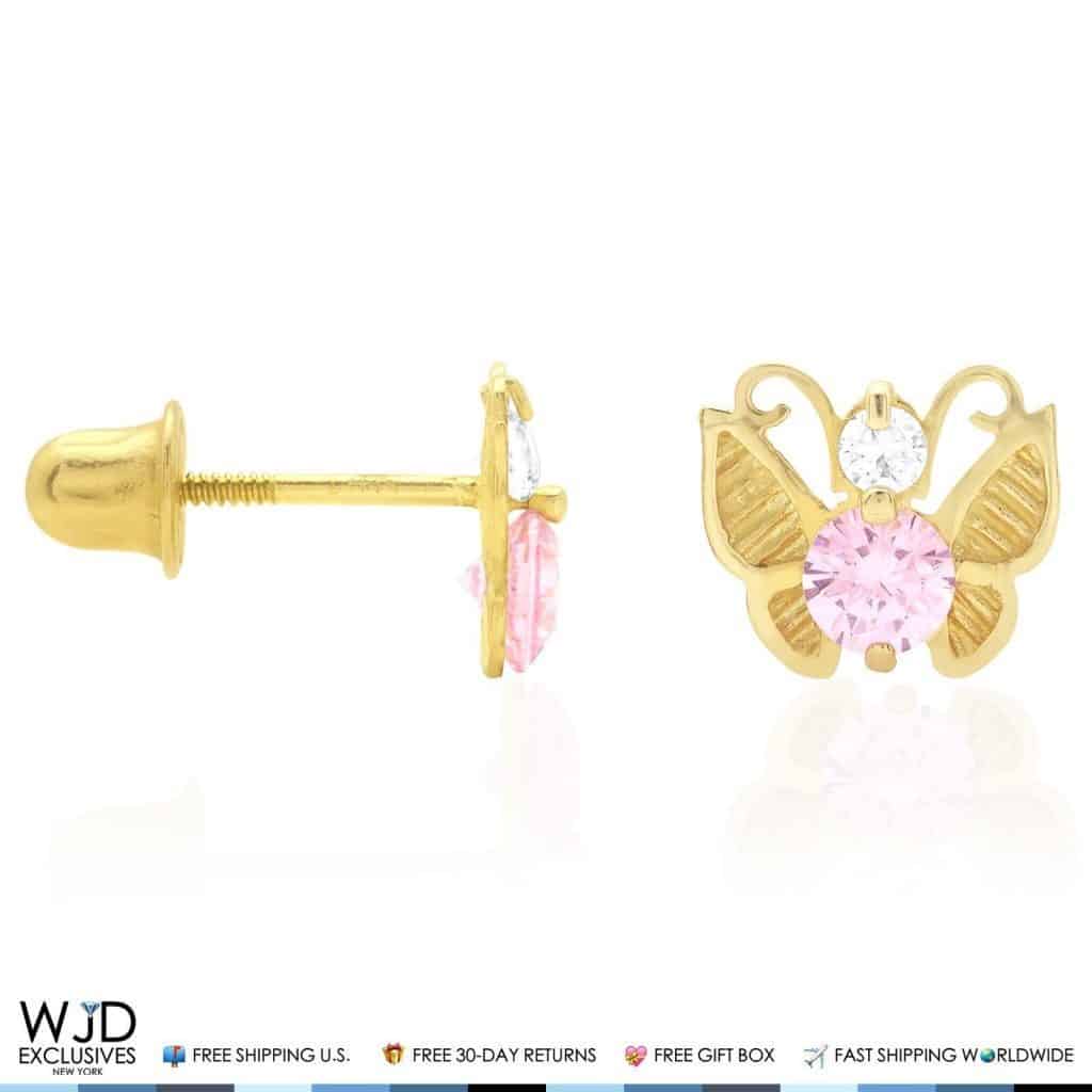 14K Yellow Gold Simulated Birthstone Butterfly Screw Back Stud Earrings