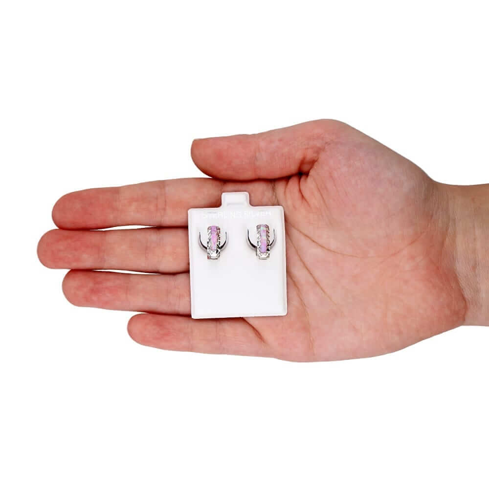 925 Sterling Silver Diamond-Cut Fire Opal Huggie Hoop Earrings 0.55"