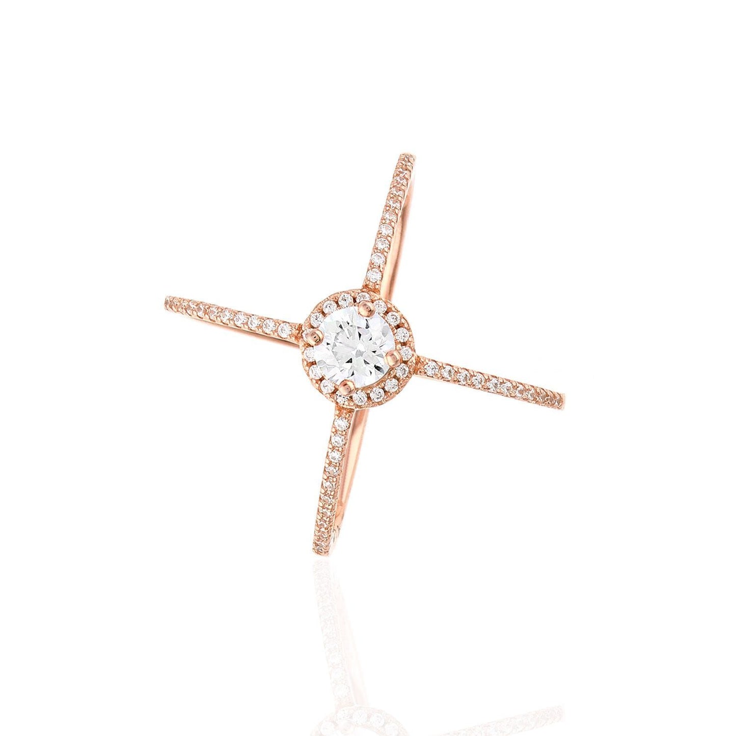 Yellow White Rose Gold Tone White Zirconia Sterling Silver Crisscross Halo Ring