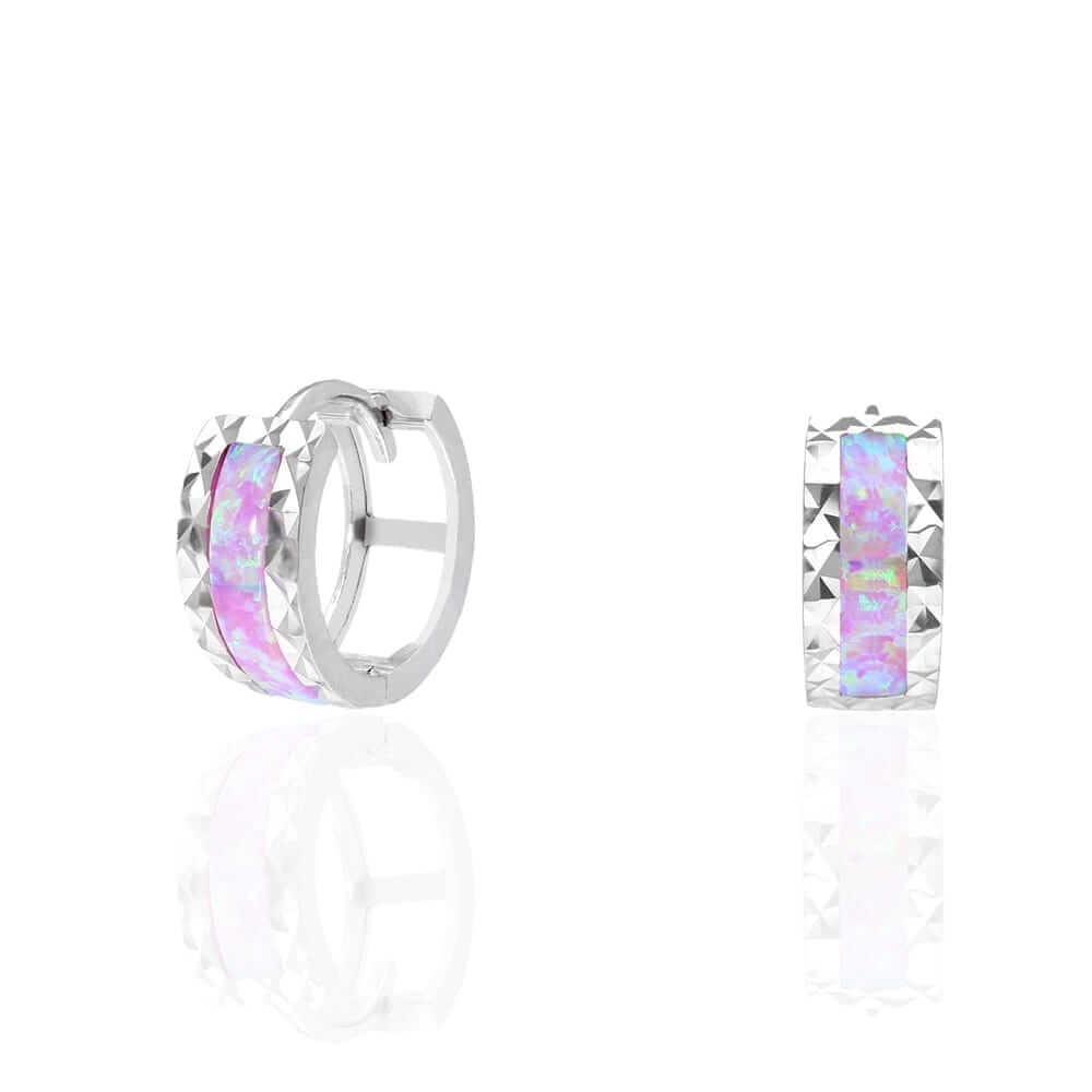 14k White Gold Diamond-Cut Fire Opal Huggie Hoop Earrings 0.5"