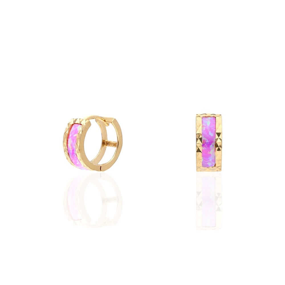 14k Yellow Gold Diamond-Cut Fire Opal Huggie Hoop Earrings 0.5"