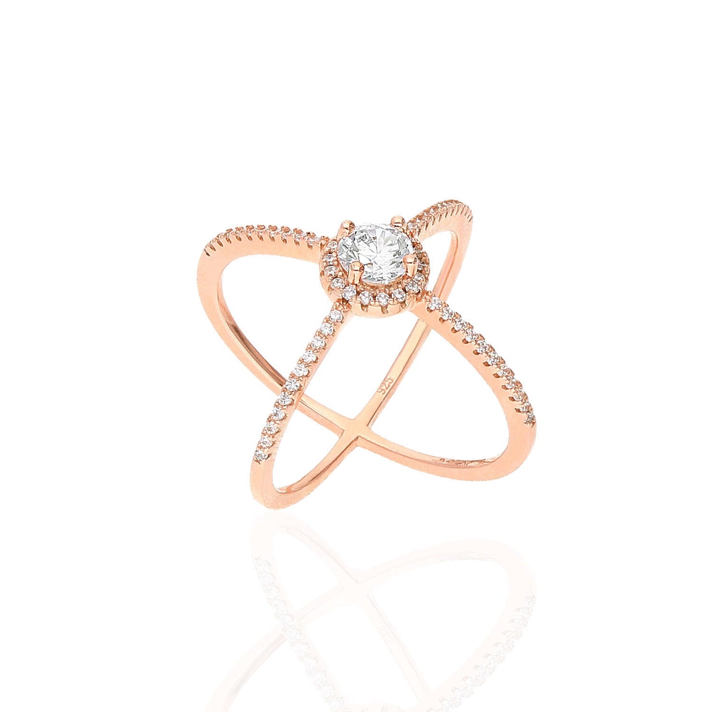 Yellow White Rose Gold Tone White Zirconia Sterling Silver Crisscross Halo Ring