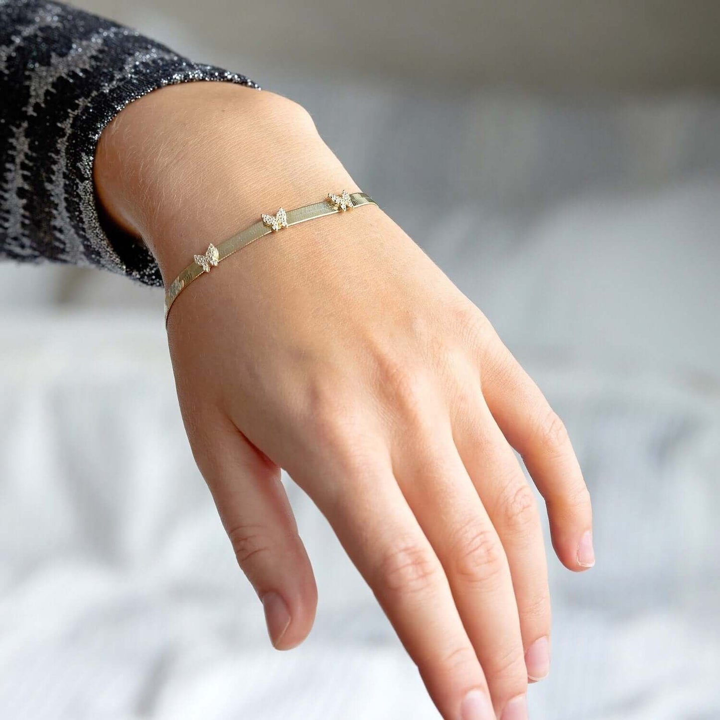 18K Gold Over Silver CZ Butterfly Herringbone Bracelet 7.25"