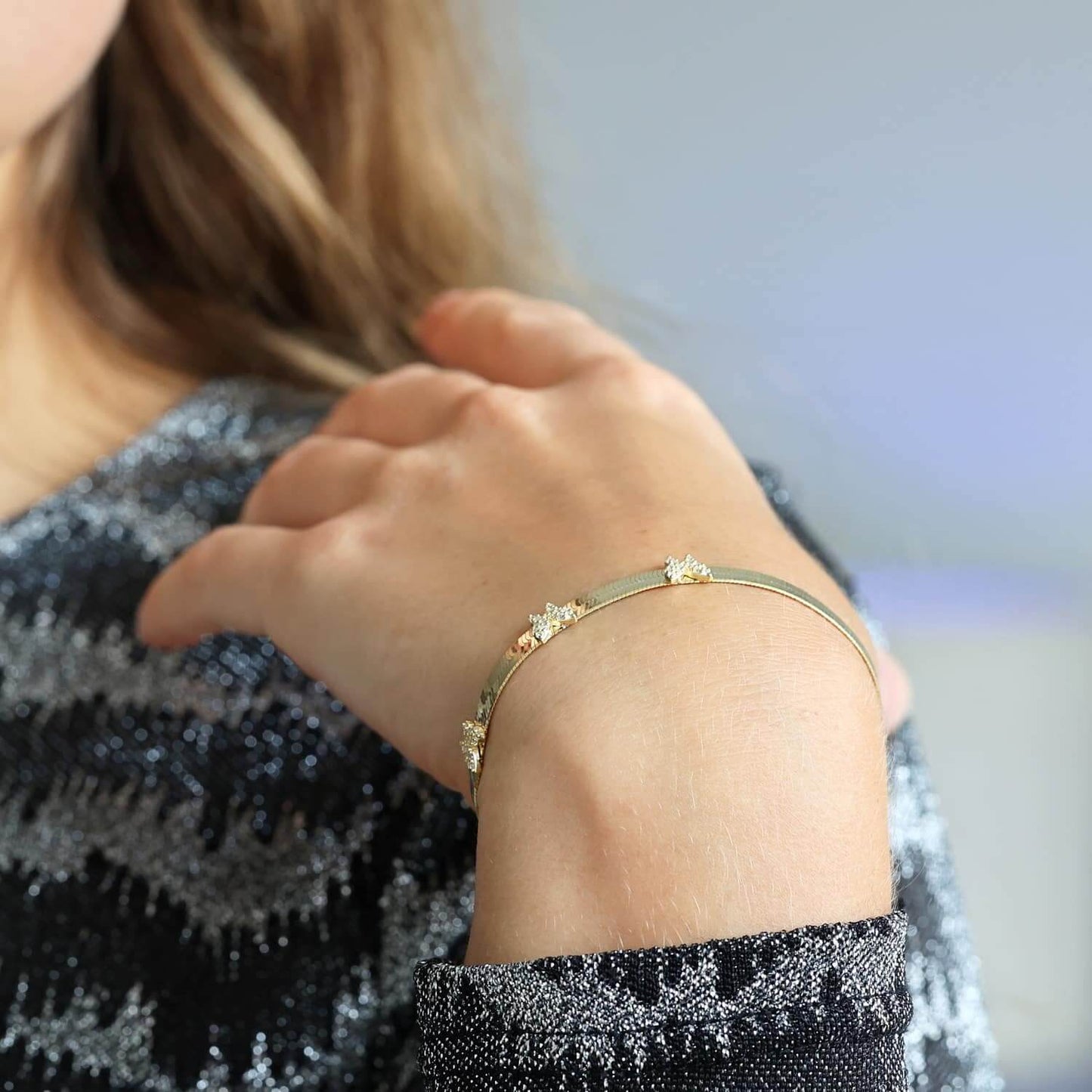18K Gold Over Silver CZ Butterfly Herringbone Bracelet 7.25"