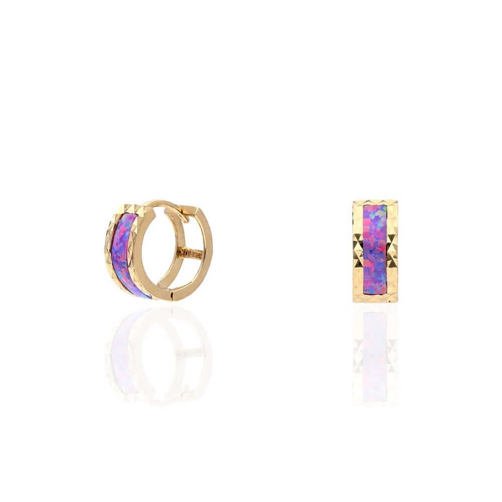 14k Yellow Gold Diamond-Cut Fire Opal Huggie Hoop Earrings 0.5"