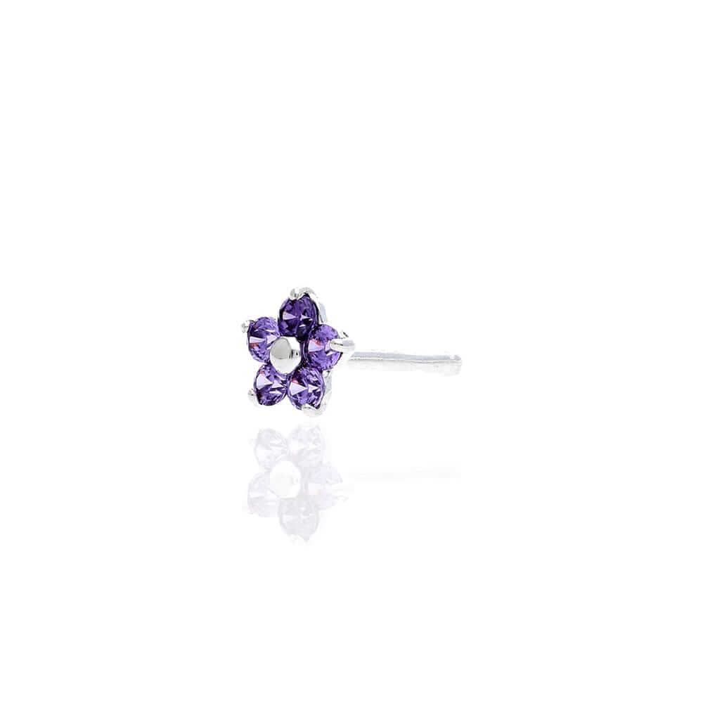 14K White Gold Birthstone Flower Bone Stud 20G Nose Ring