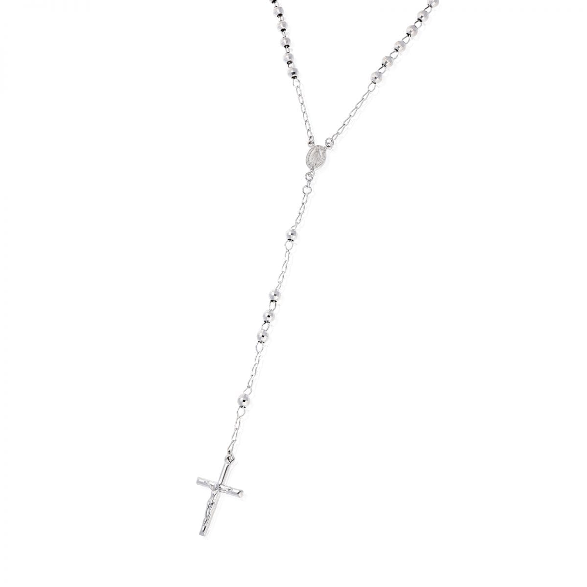 925 Sterling Silver 5mm Diamond-Cut Rosary Cross Chain Necklace 26"
