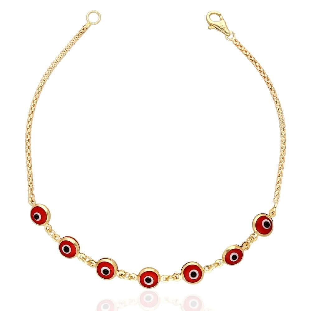 14K Yellow Gold Bezel Evil Eye Popcorn Bracelet 7"