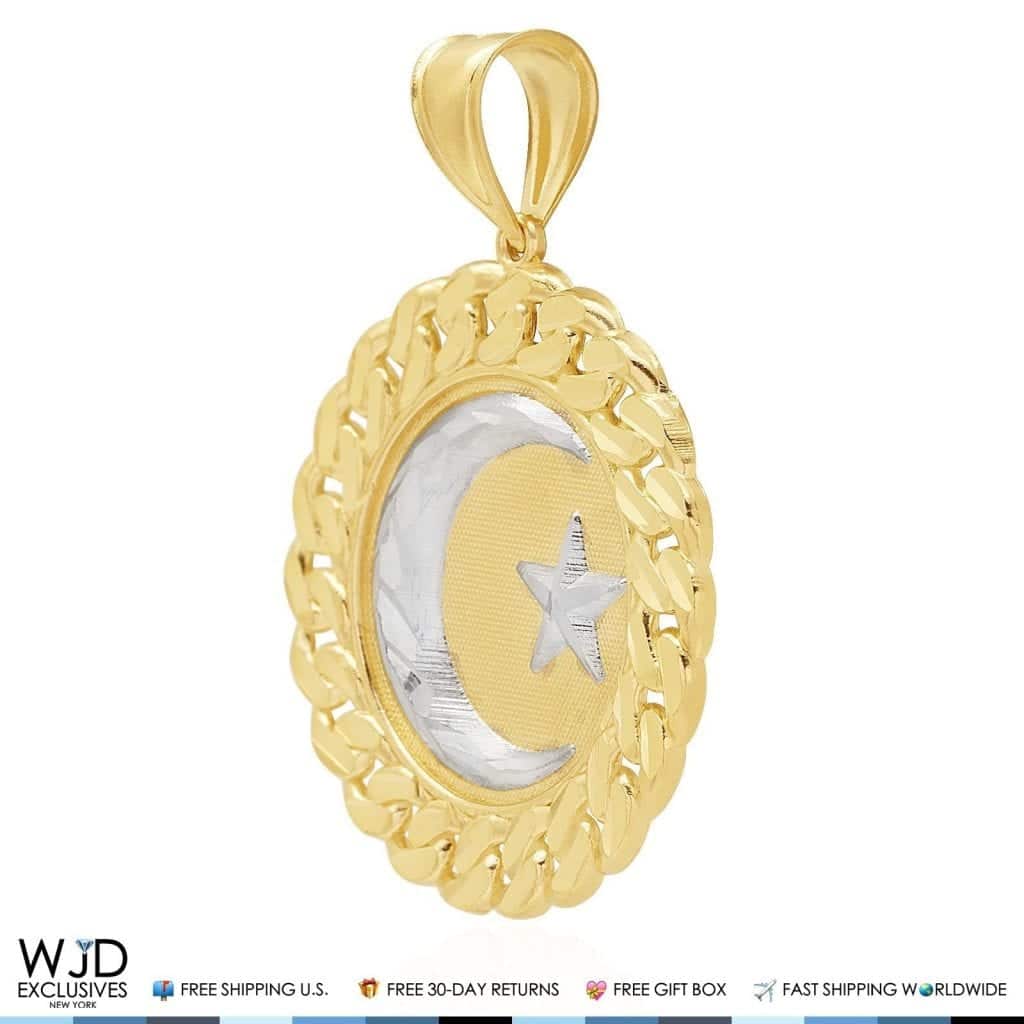 Religious Charm Star And Crescent Circle Pendant 14K Solid Yellow and White Gold
