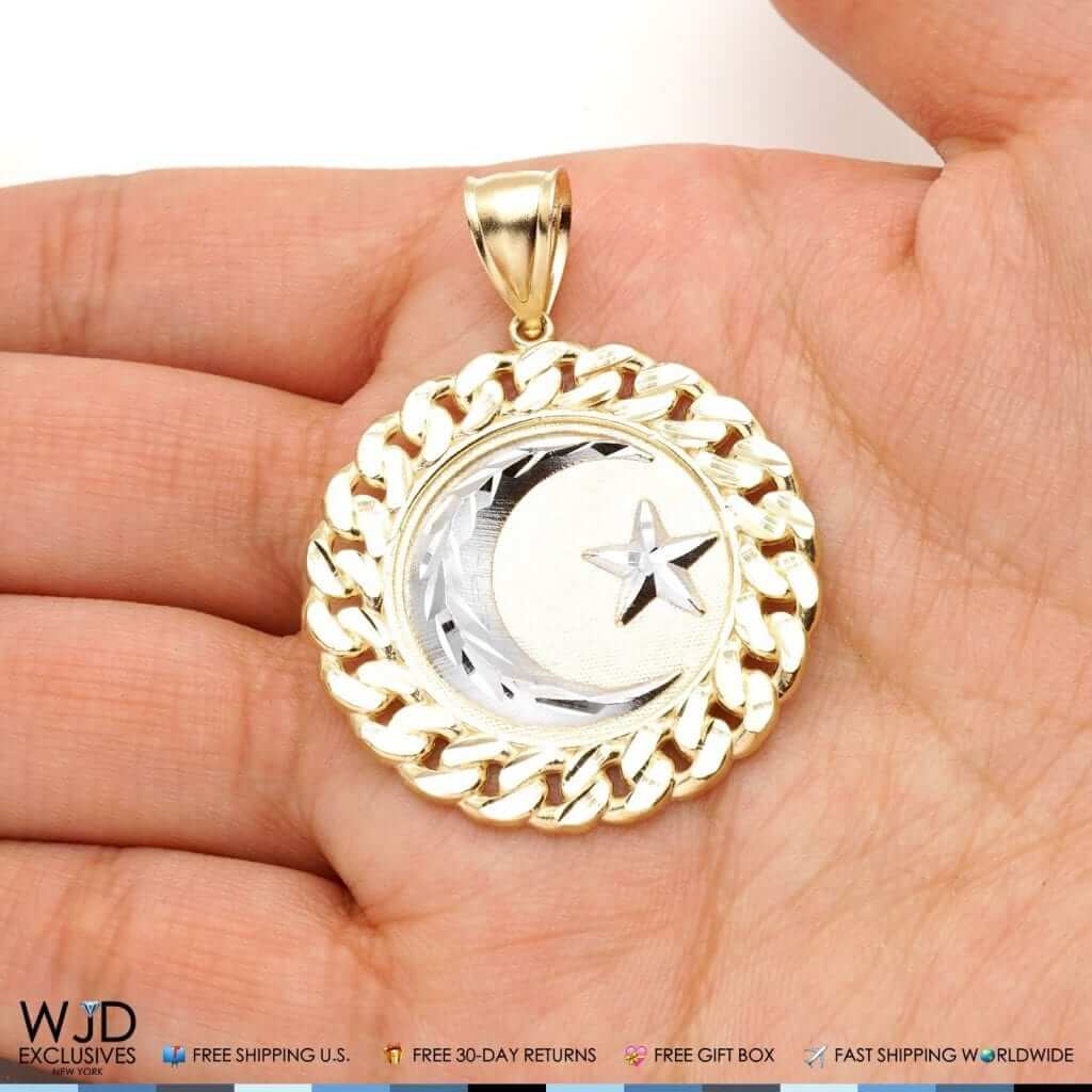 14K Gold Yellow, White Gold Religious Star And Crescent Circle Pendant