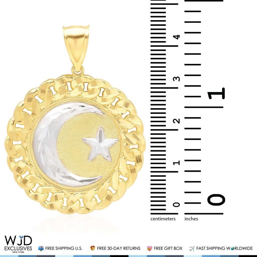 Religious Charm Star And Crescent Circle Pendant 14K Solid Yellow and White Gold