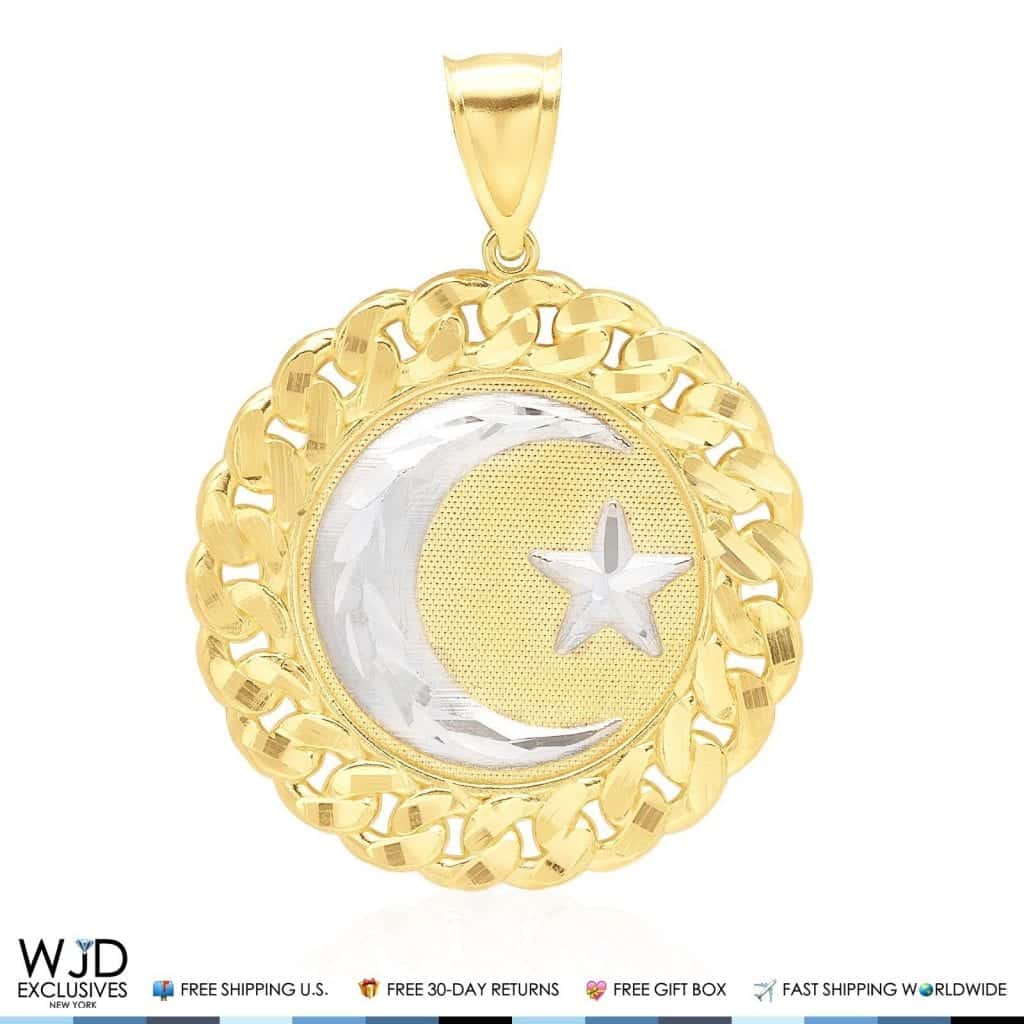 Religious Charm Star And Crescent Circle Pendant 14K Solid Yellow and White Gold