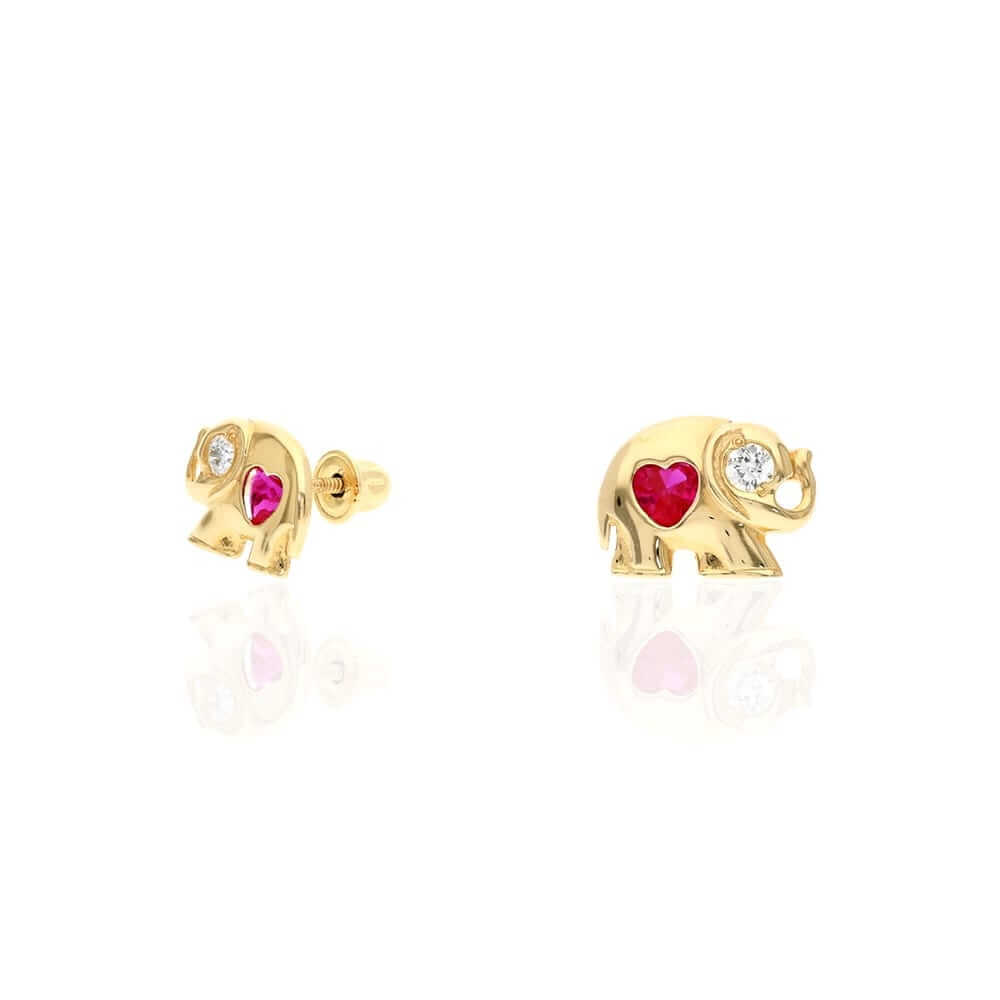 14k Yellow Gold Heart Birthstone Elephant Screw Back Stud Earrings