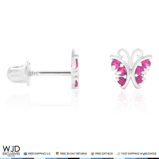 Kids 14K White Gold Simulated Ruby Butterfly Screw Back Stud Earrings