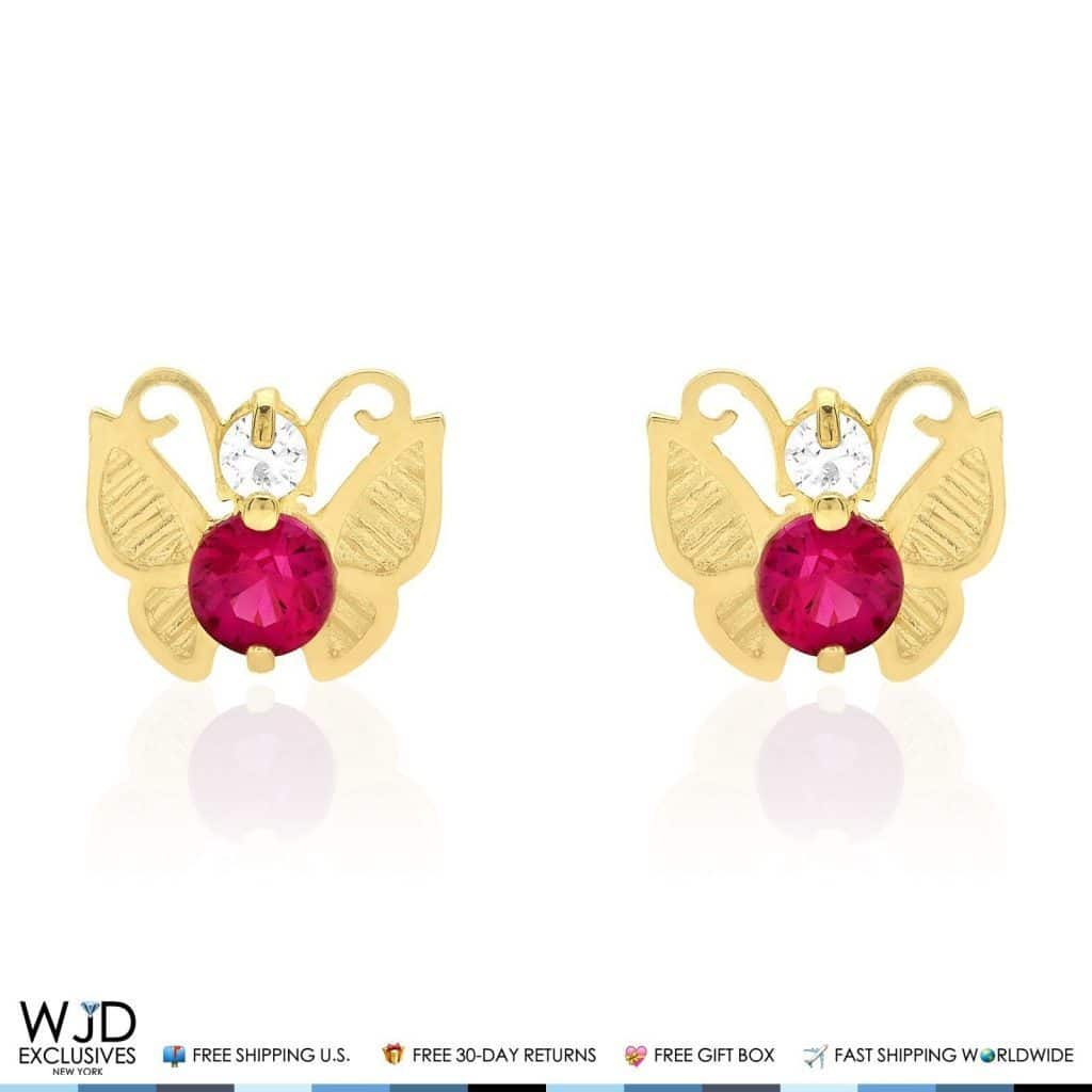 14K Yellow Gold Simulated Birthstone Butterfly Screw Back Stud Earrings