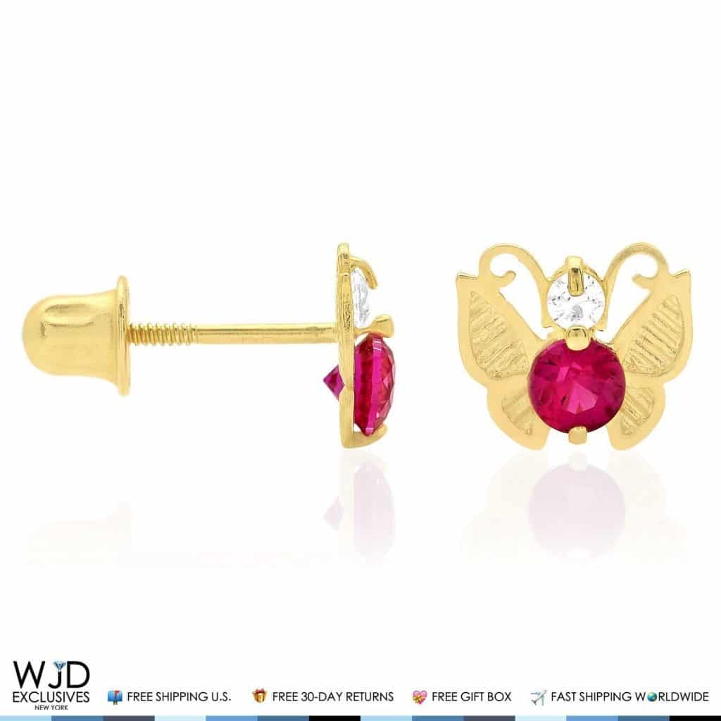 14K Yellow Gold Simulated Birthstone Butterfly Screw Back Stud Earrings