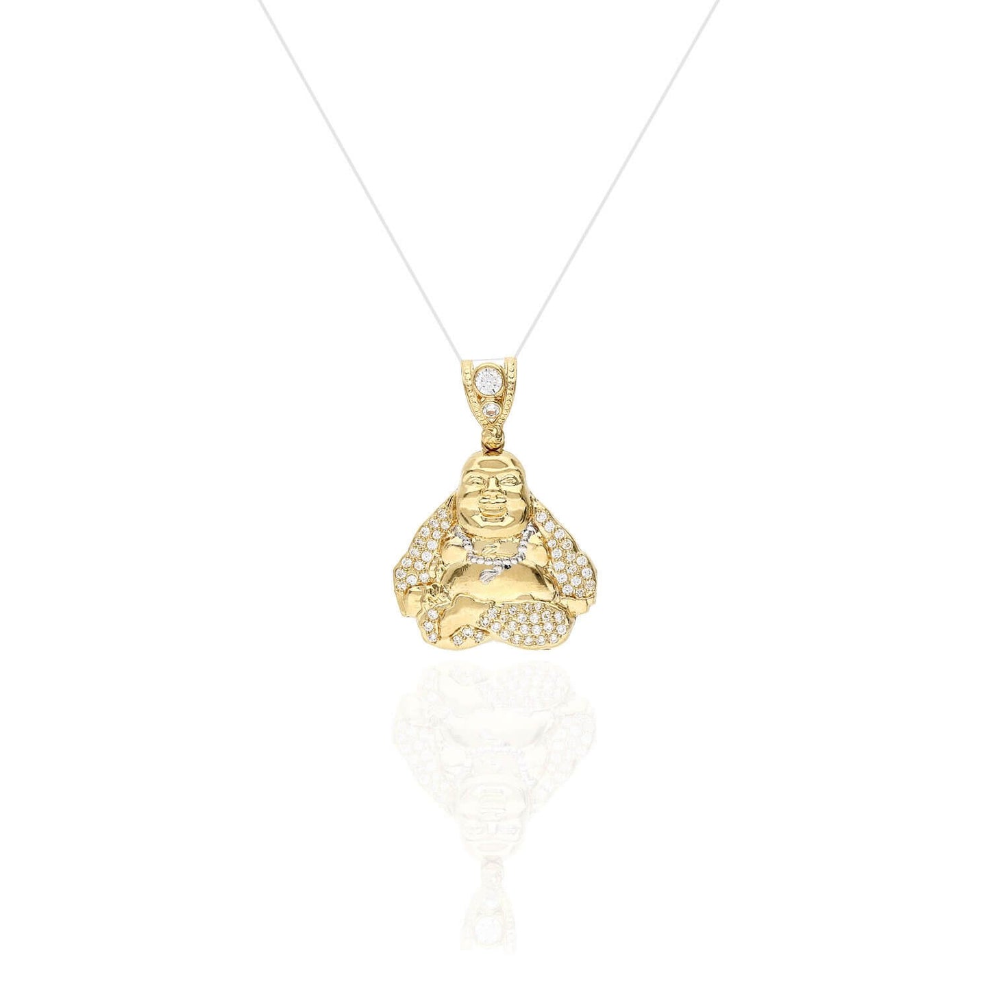 14K Solid Yellow Gold CZ Buddha Charm Pendant 1.65"-2.13"