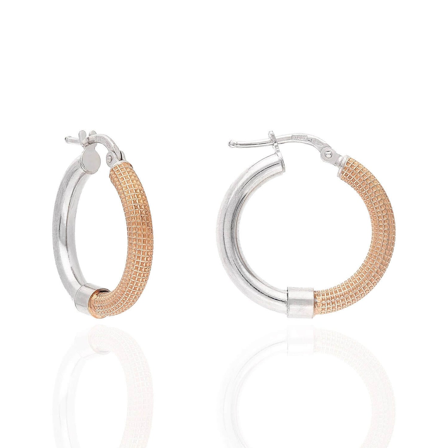 Rose White Gold Over 925 Sterling Silver 3mm Half Mesh Half Shiny Hoop Earrings