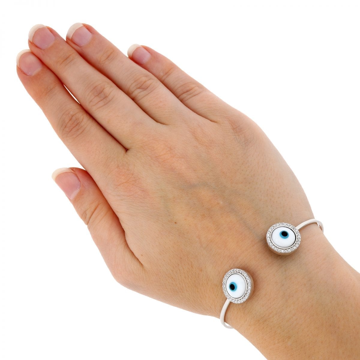 925 Sterling Silver Simulated Blue & White Enamel Evil Eye Bangle Bracelet 7"