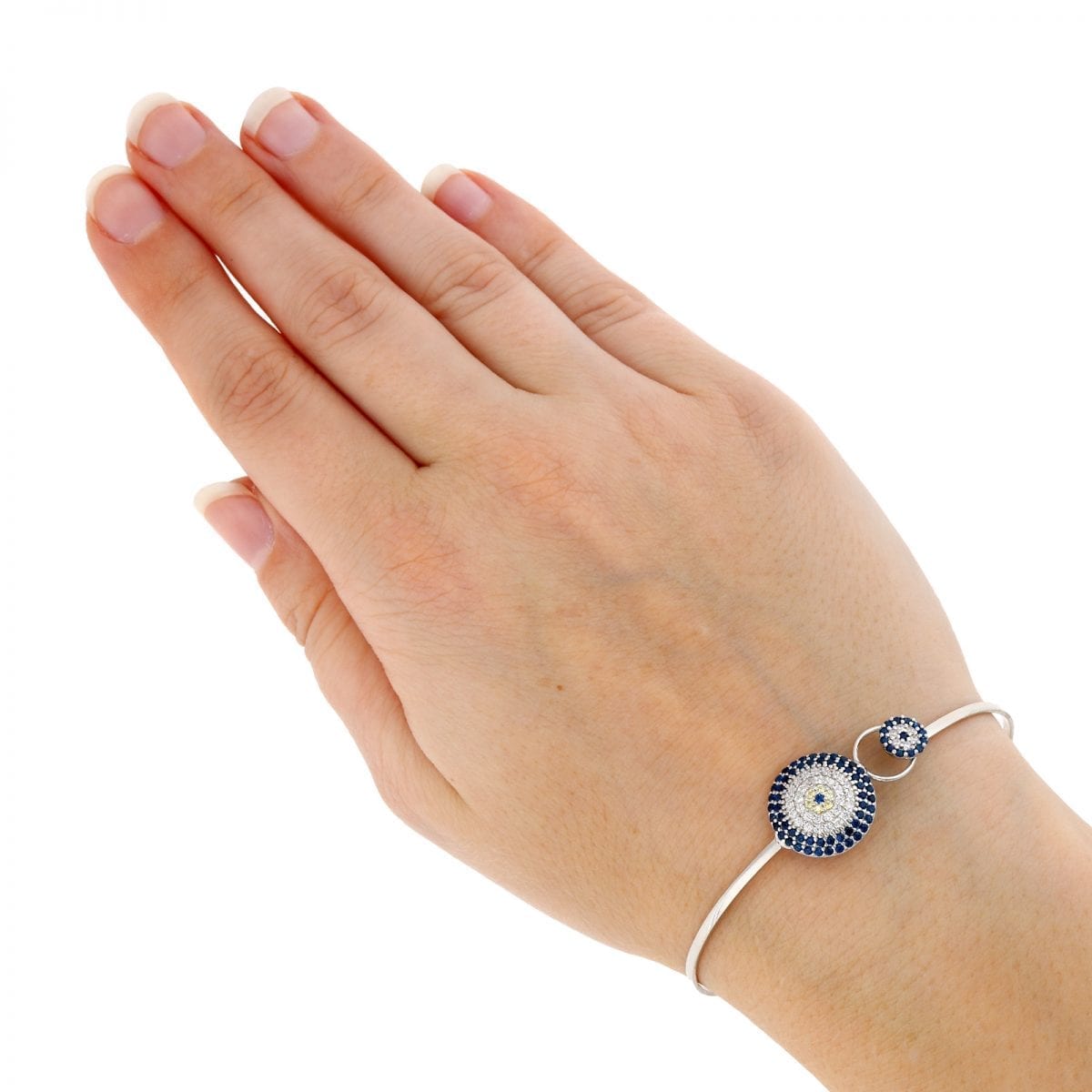 925 Sterling Silver CZ Round Blue Evil Eye Bangle Bracelet 7"