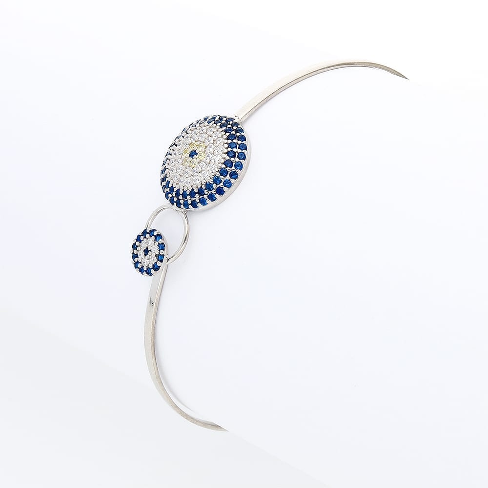 925 Sterling Silver CZ Round Blue Evil Eye Bangle Bracelet 7"