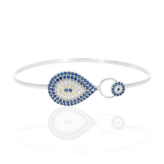Sterling Silver CZ Teardrop Blue Evil Eye Bangle Bracelet 7"