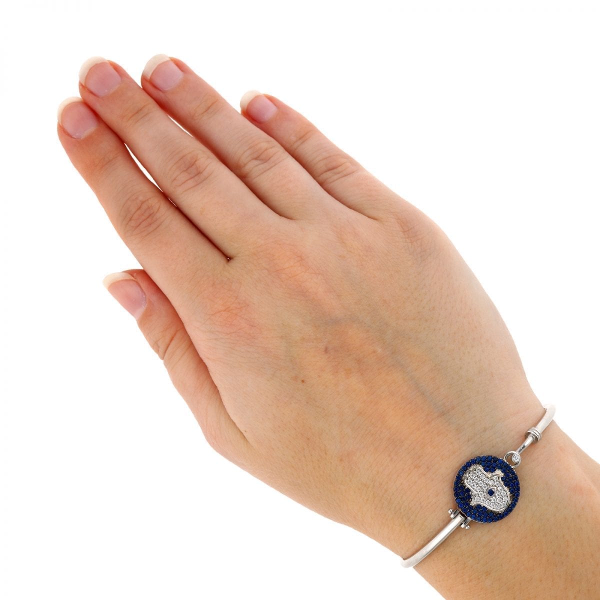 925 Sterling Silver CZ Blue Evil Eye Hamsa Hand Bangle Bracelet 6.75"