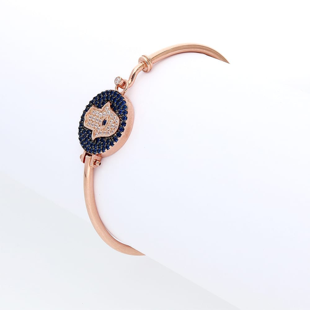 925 Sterling Silver CZ Blue Evil Eye Hamsa Hand Bangle Bracelet 6.75"