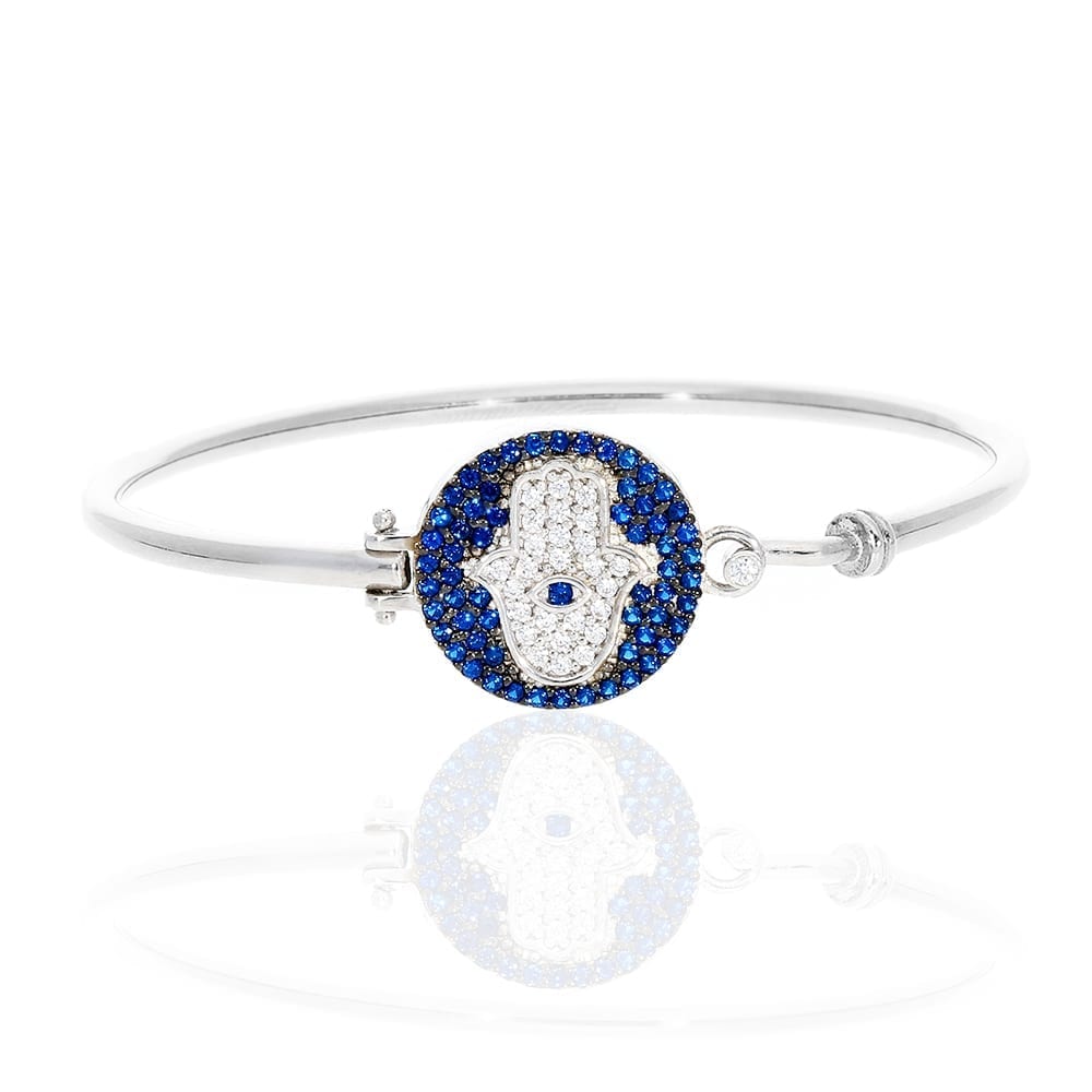 925 Sterling Silver CZ Blue Evil Eye Hamsa Hand Bangle Bracelet 6.75"