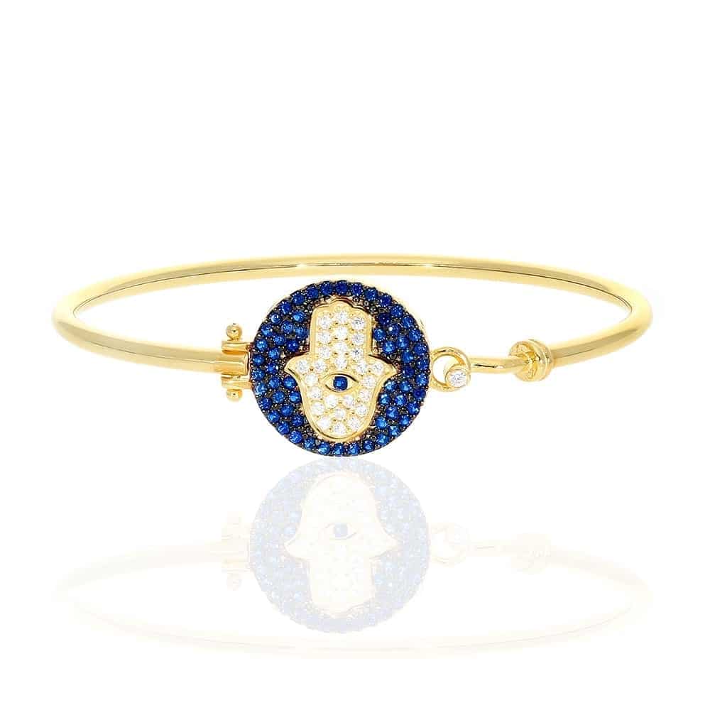 925 Sterling Silver CZ Blue Evil Eye Hamsa Hand Bangle Bracelet 6.75"