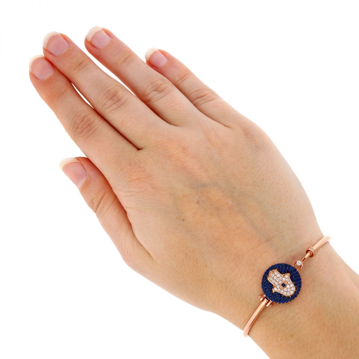 925 Sterling Silver CZ Blue Evil Eye Hamsa Hand Bangle Bracelet 6.75"