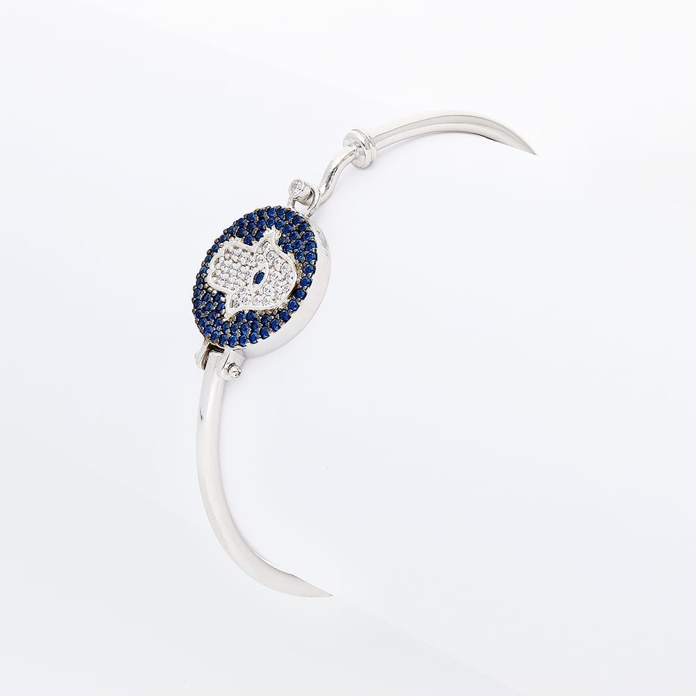 925 Sterling Silver CZ Blue Evil Eye Hamsa Hand Bangle Bracelet 6.75"