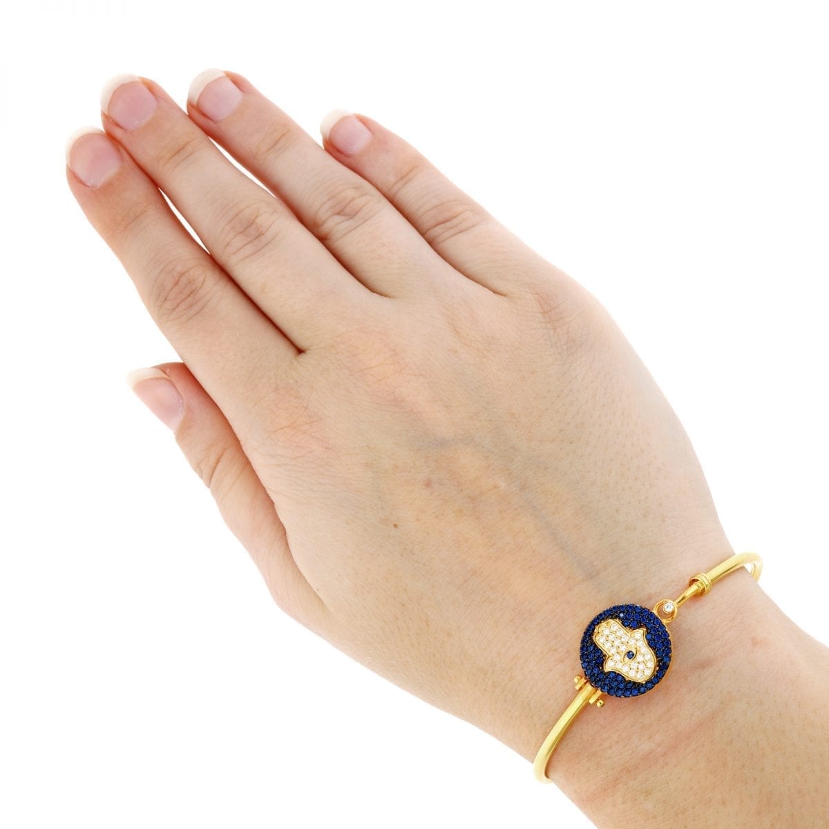 925 Sterling Silver CZ Blue Evil Eye Hamsa Hand Bangle Bracelet 6.75"