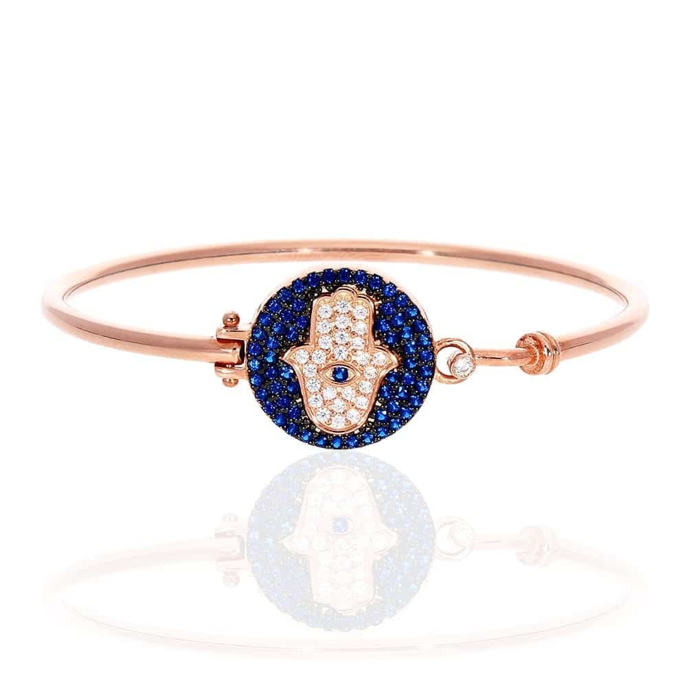 925 Sterling Silver CZ Blue Evil Eye Hamsa Hand Bangle Bracelet 6.75"