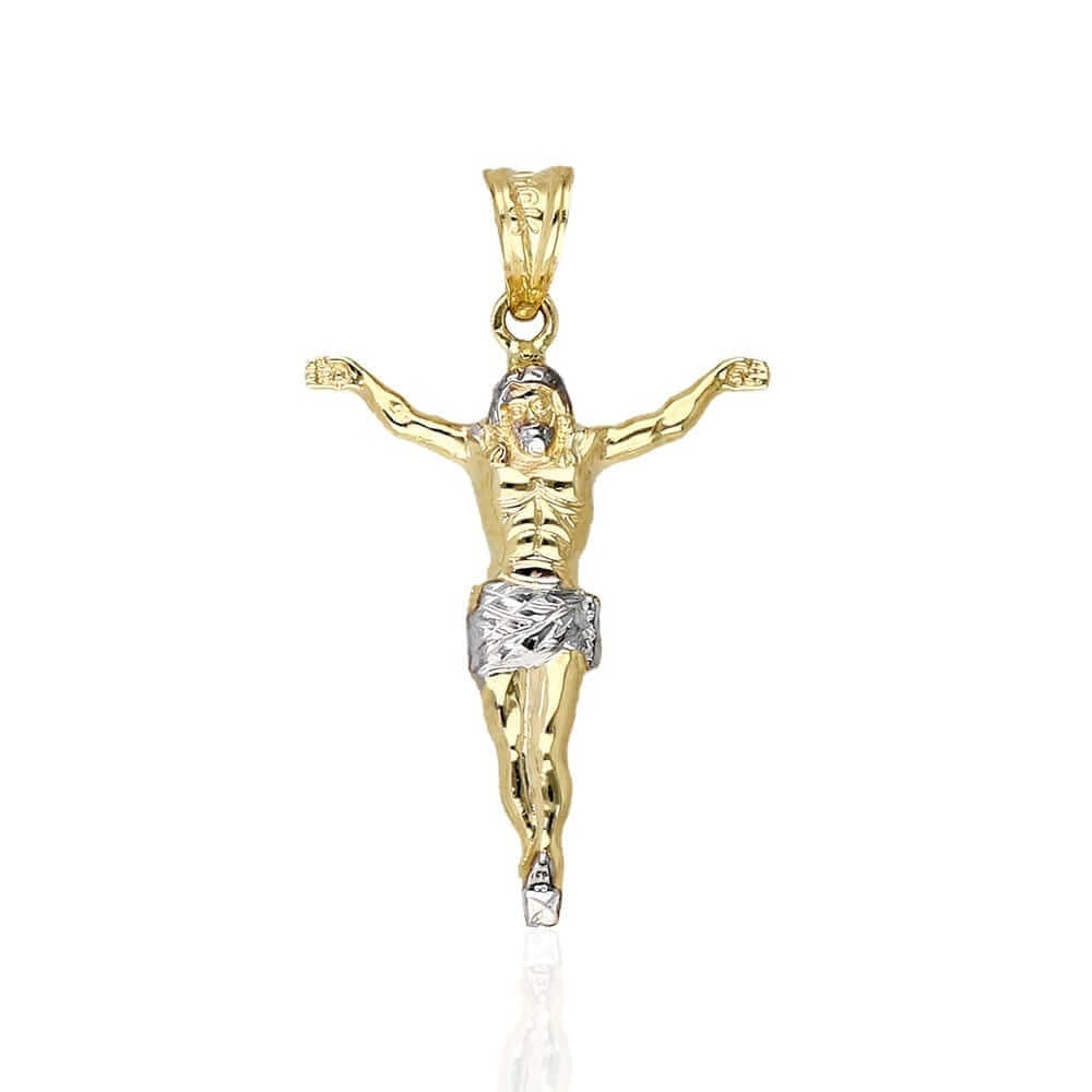 10K Gold Two-Tone Yellow White Gold Jesus Crucifix Pendant 1.57"-3.62"
