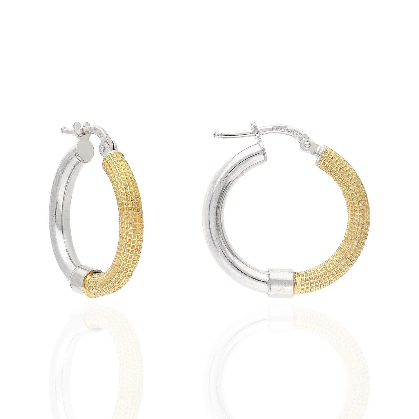 Yellow White Gold Over Silver 3mm Half Mesh Half Shiny Hoop Earrings