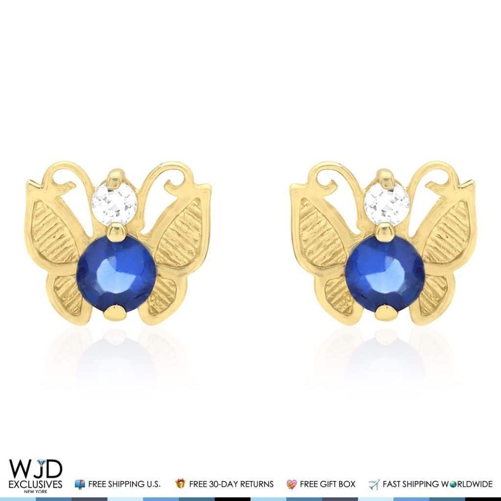 14K Yellow Gold Simulated Birthstone Butterfly Screw Back Stud Earrings