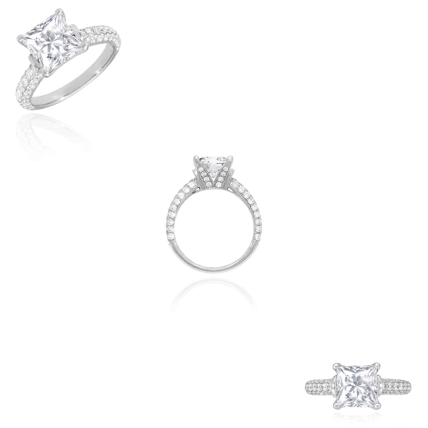 3.10CTW Pave Natural Diamond Princess Moissanite 18K Gold White Engagement Ring