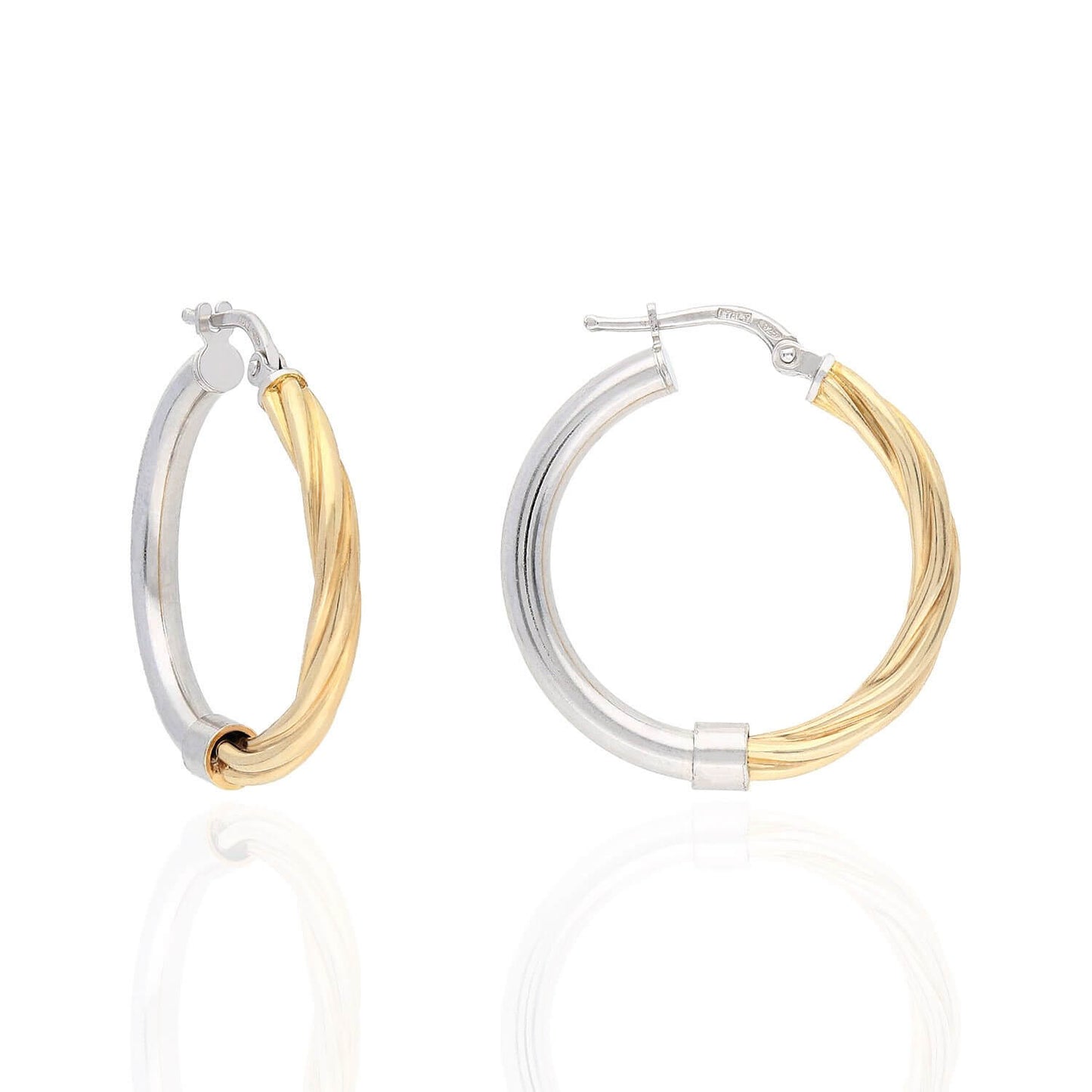 Yellow White Gold Over 925 Silver 3mm Half Shiny Half Twisted Hoop Earrings