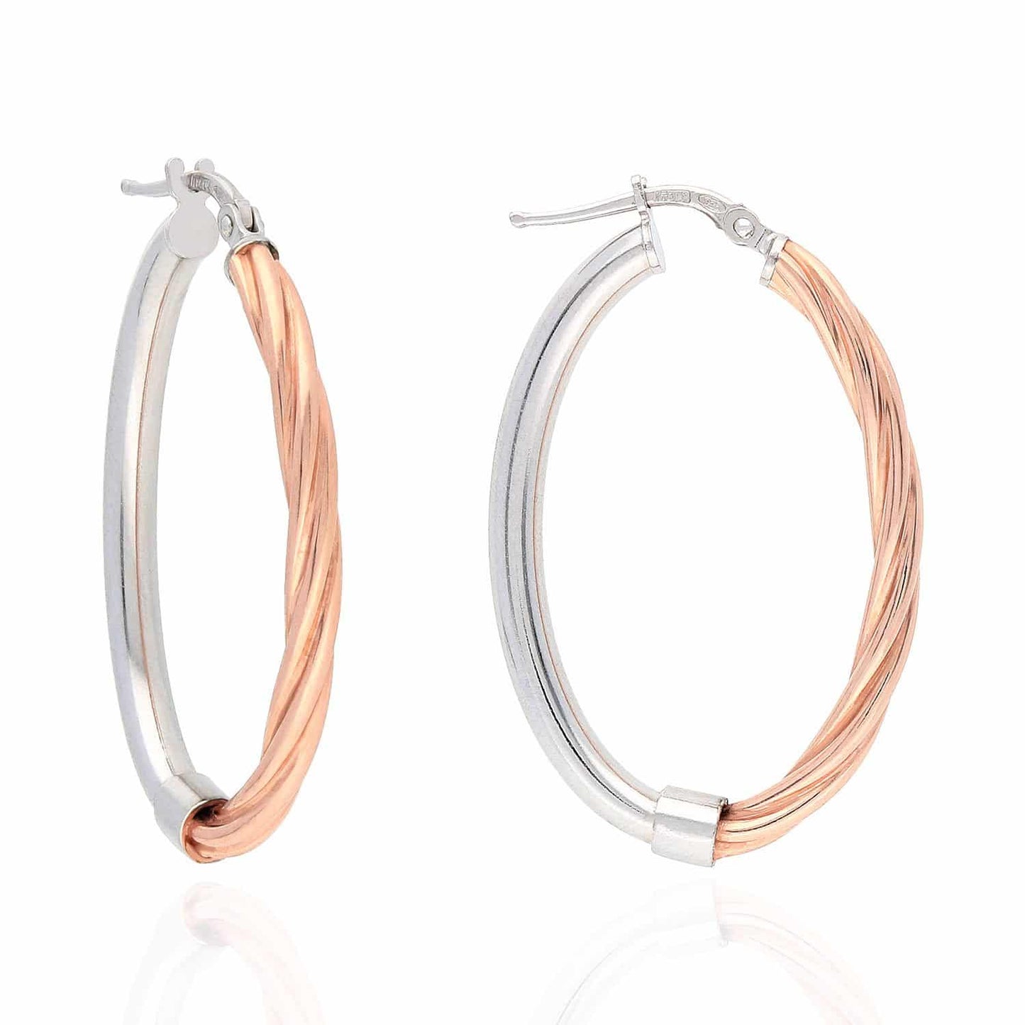 White Rose Gold Tone Over 925 Silver Half Shiny Half Twisted Oval Hoop Earrings