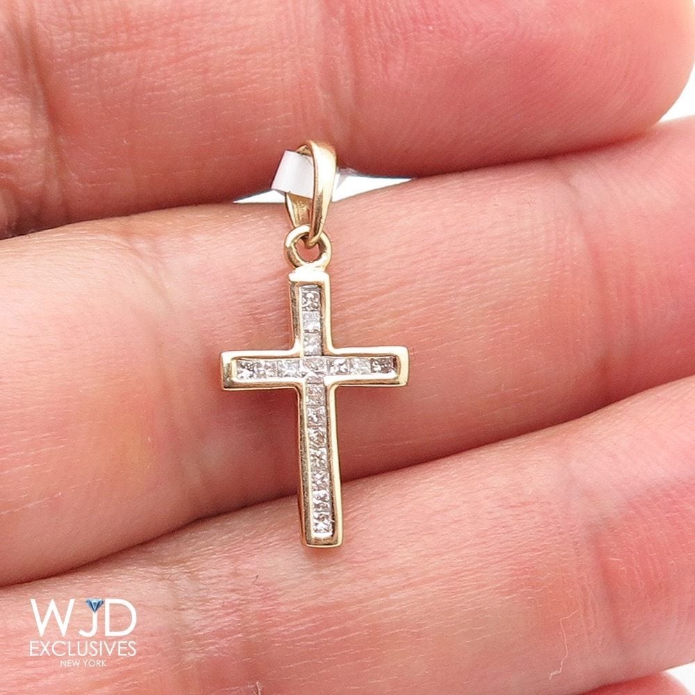 0.30CT Channel Set Real Diamond 10k Yellow Gold Princess Cut Cross Pendant